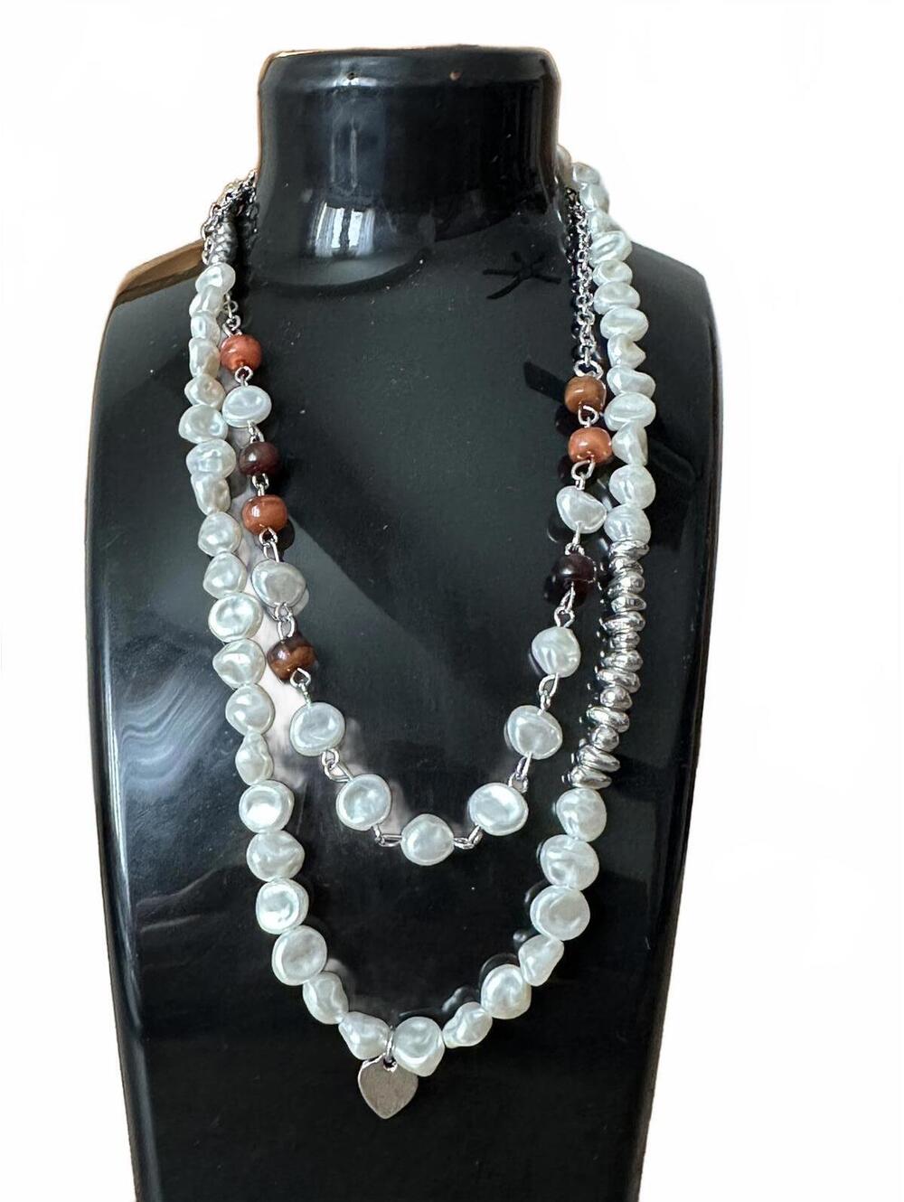 Double‑Strand Native‑Style Pearl Necklace w/ Heart Pendant